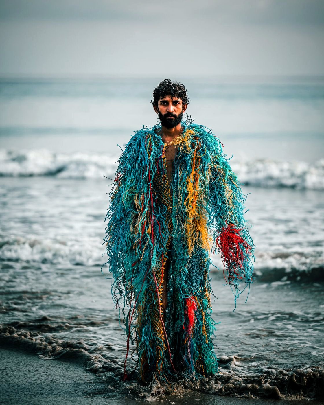 Diver standing in the shallows in a full-length robe of fishing net and rope