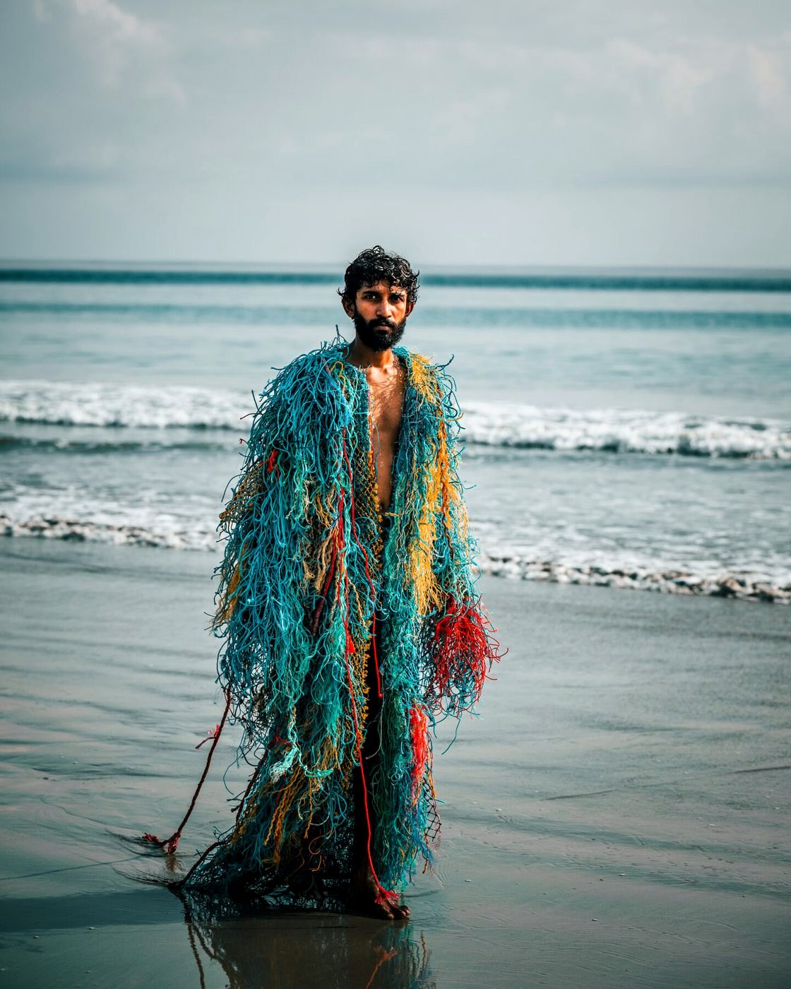 Diver on a beach wearing a robe of fishing net and rope